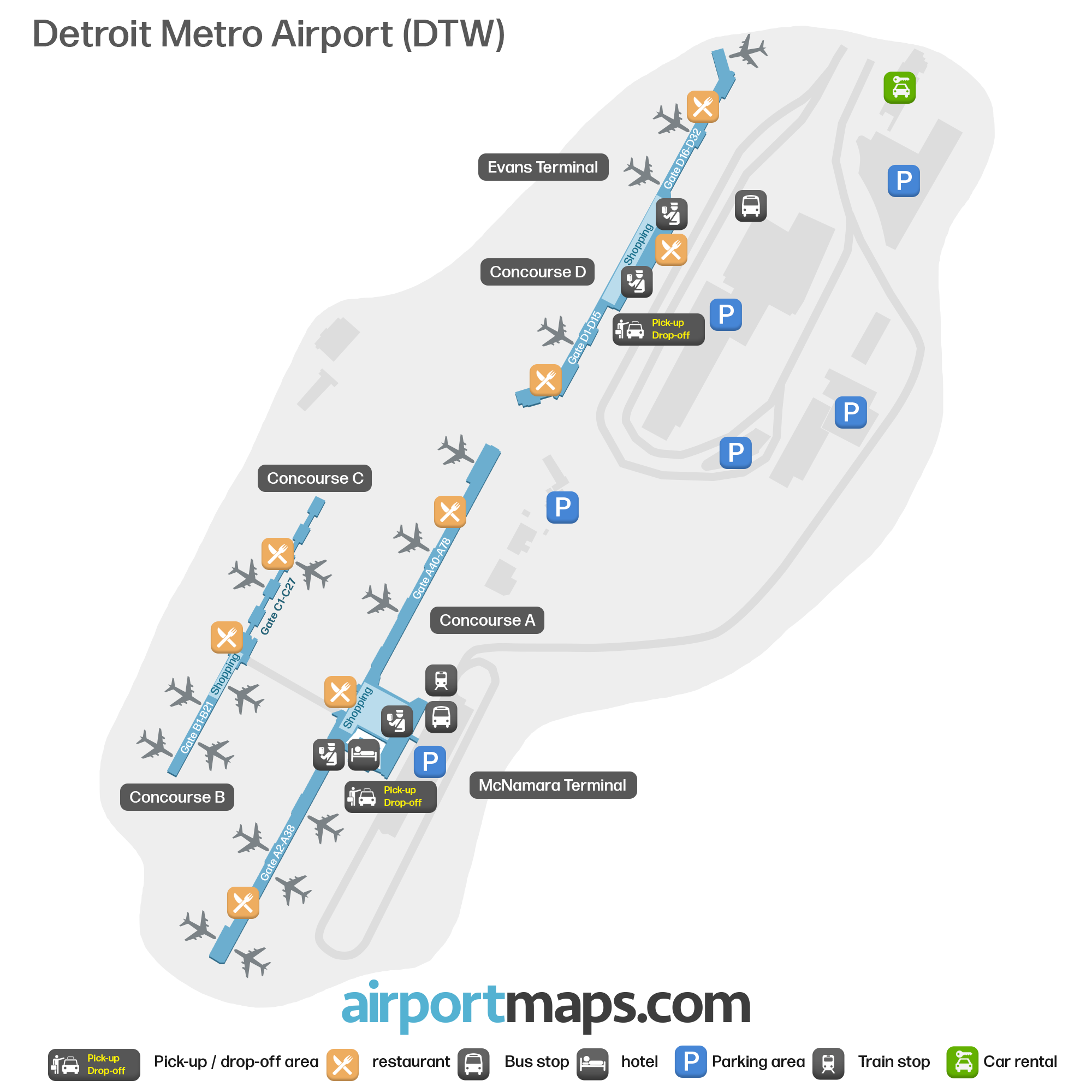Detroit Metropolitan Airport (DTW) – terminal map  Airportmaps.com