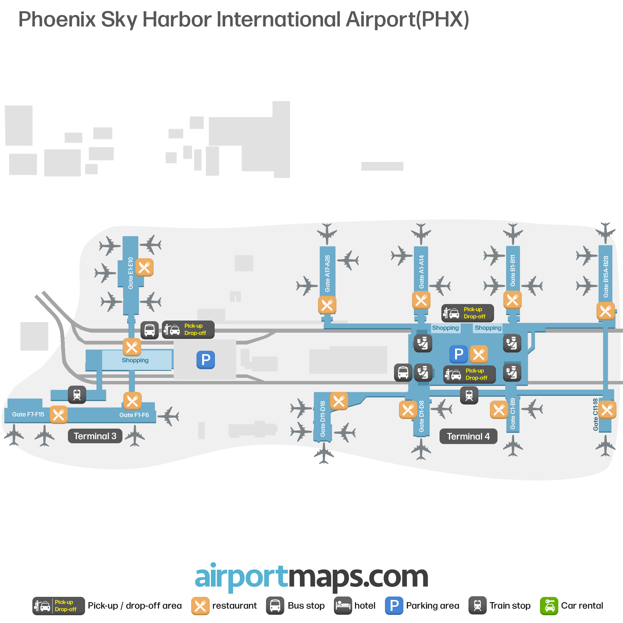 Phoenix Sky Harbor PHX Map With Gates And Terminals Airportmaps