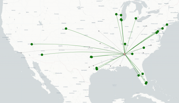 Birmingham-Shuttlesworth Airport destination map